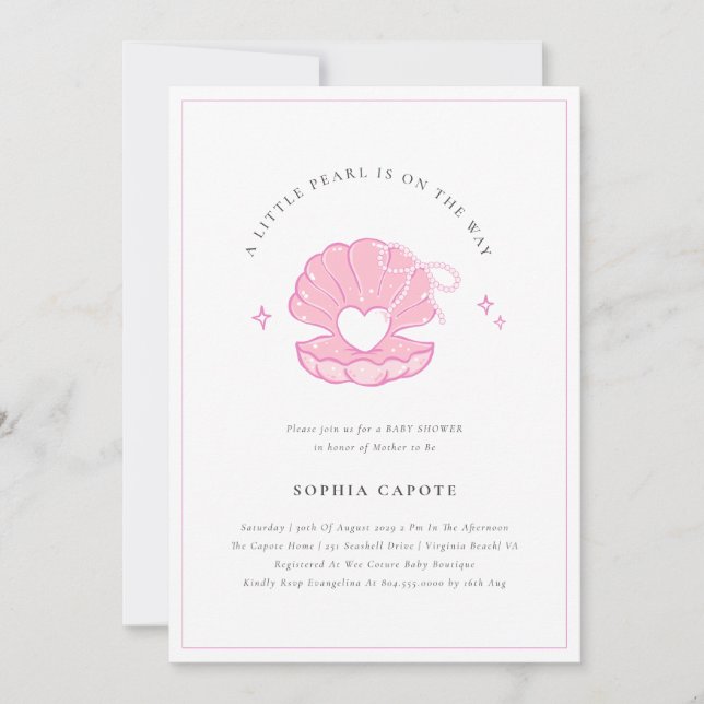 Invitation Petite Pearl Baby Girl Baby shower rose Invitatiat (Devant)