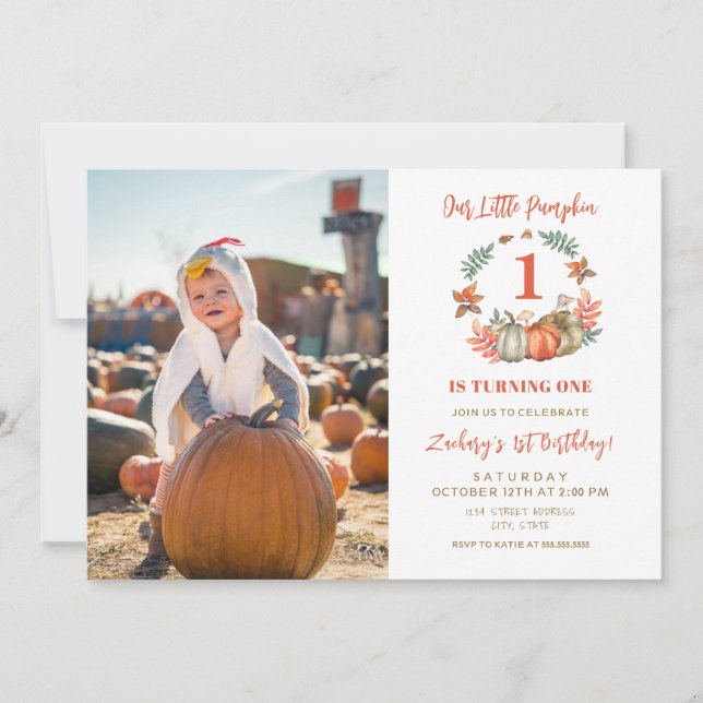 Invitation Petite photo Citrouille Automne 1er anniversaire (Devant)