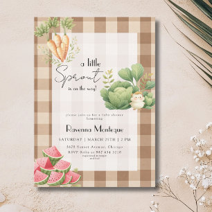 Invitation Petite pousse Baby Shower Gingham Brun Végétal