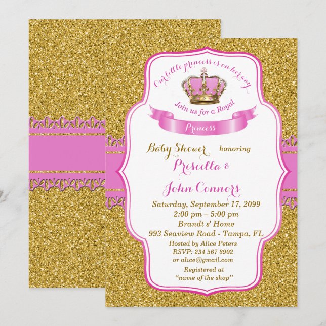 Invitation Petite princesse Baby shower Invitation, or, rose (Devant / Derrière)