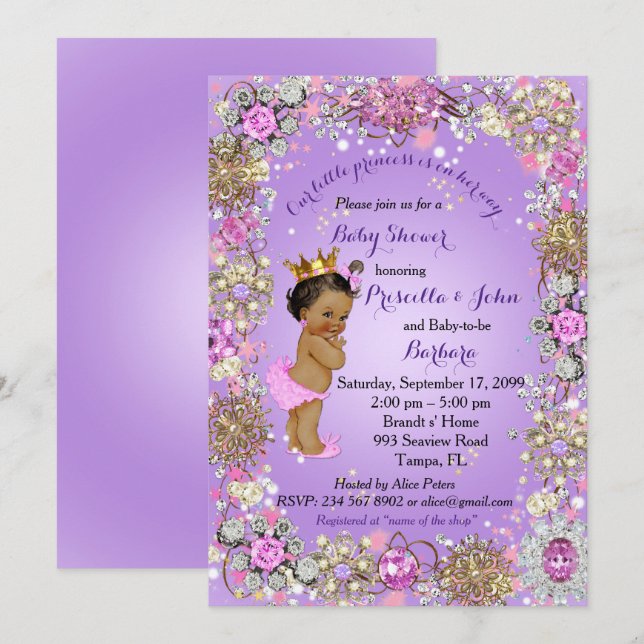 Invitation Petite princesse Baby shower Invitation, or violet (Devant / Derrière)