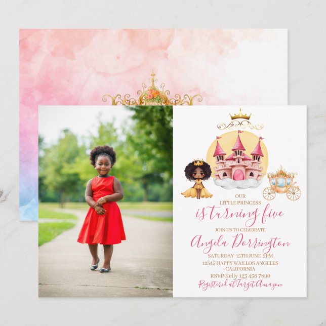 Invitation Petite princesse célébration royale 5 aquarelle (Devant / Derrière)