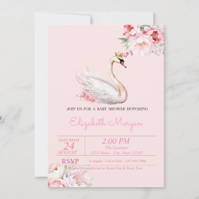 Invitation Petite princesse, Couronne de cygne, Baby shower f (Devant)
