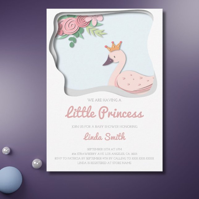 Invitation Petite Princesse Cute Swan Floral Girl Baby shower (Créateur téléchargé)