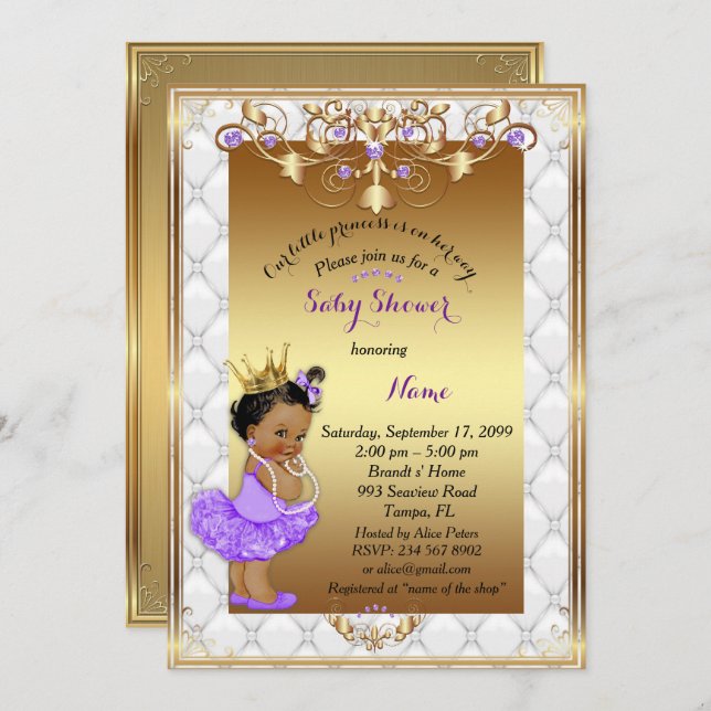 Invitation Petite princesse ethnique, Baby shower Invitation, (Devant / Derrière)