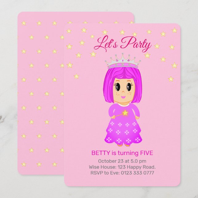 Invitation Petite Princesse & Étoiles sur rose clair (Devant / Derrière)