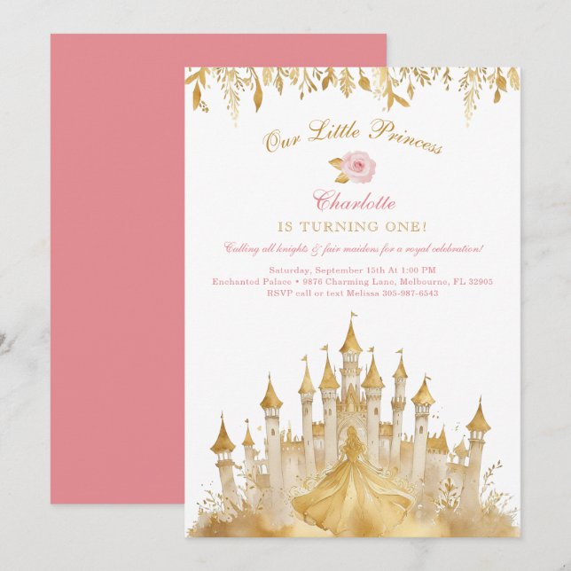 Invitation Petite princesse rose et or 1er anniversaire (Devant / Derrière)