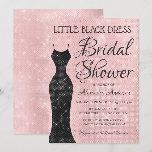Invitation Petite robe noire Fête des mariées étincelante ros (Devant / Derrière)