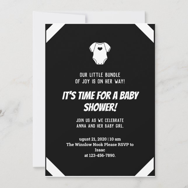 Invitation Petite robe Simple Baby shower noir blanc (Devant)
