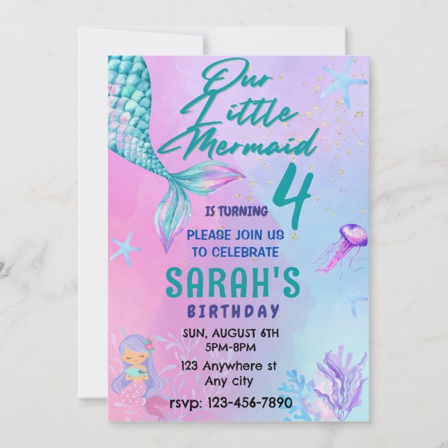 Invitation Petite Sirène, Aquarelle fête d'anniversaire (Devant)