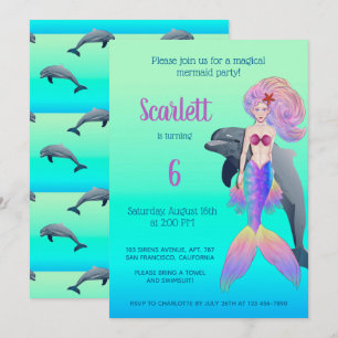 Invitation Petite sirène avec cheveux arc-en-ciel Anniversair