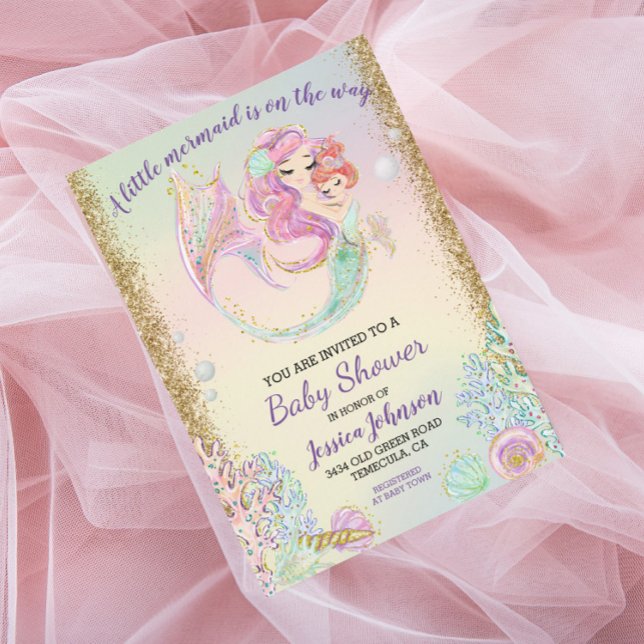 Invitation Petite sirène Baby shower d'aquarelle or (Créateur téléchargé)