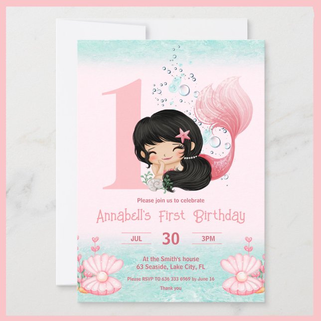 Invitation Petite sirène cheveux foncé rose 1er anniversaire (Créateur téléchargé)