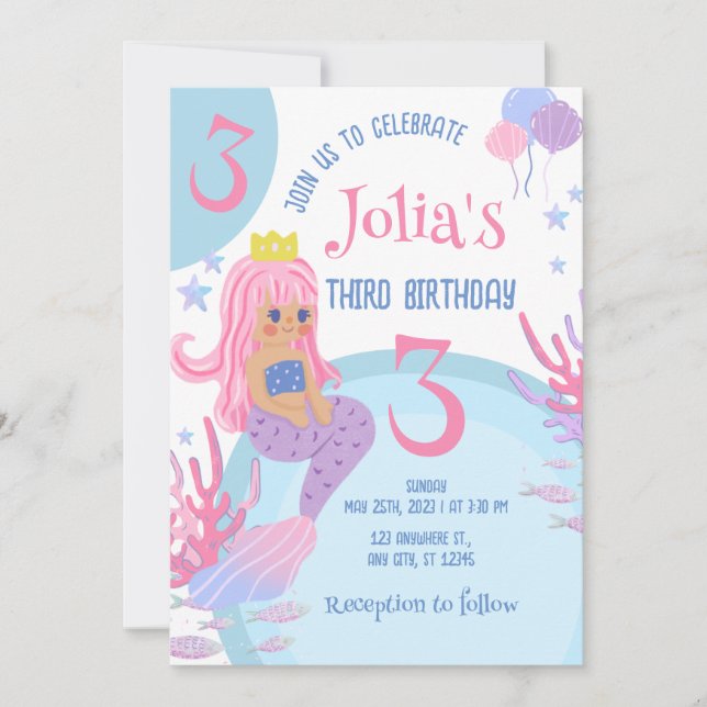 Invitation Petite sirène cheveux rose rose 3e anniversaire In (Devant)