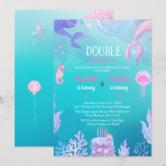 Invitation Petite sirène enfants Double fête Anniversaire (Devant / Derrière)