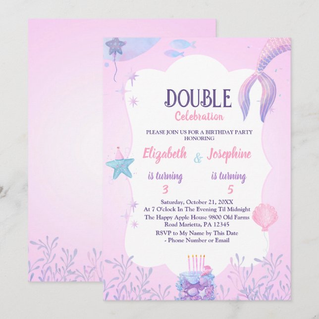 Invitation Petite sirène enfants Double fête Anniversaire (Devant / Derrière)
