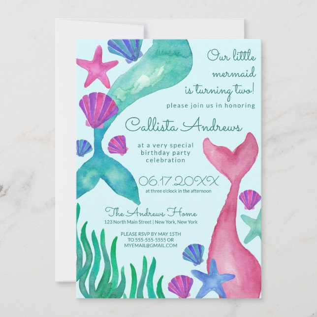 Invitation Petite Sirène Queues Coquillages Aquarelle Anniver (Devant)