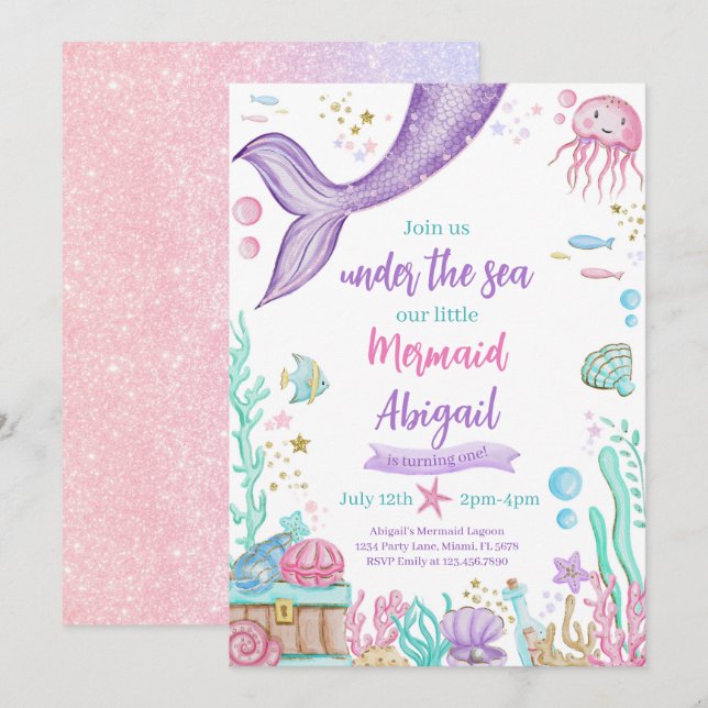 Invitation Petite Sirène Sous La Mer Anniversaire (Devant / Derrière)