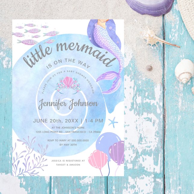 Invitation Petite Sirène Sur Le Chemin Baby shower Aquarelle (Créateur téléchargé)