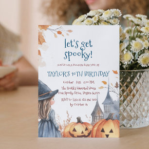 Invitation Petite sorcière et Château Halloween fête d'annive