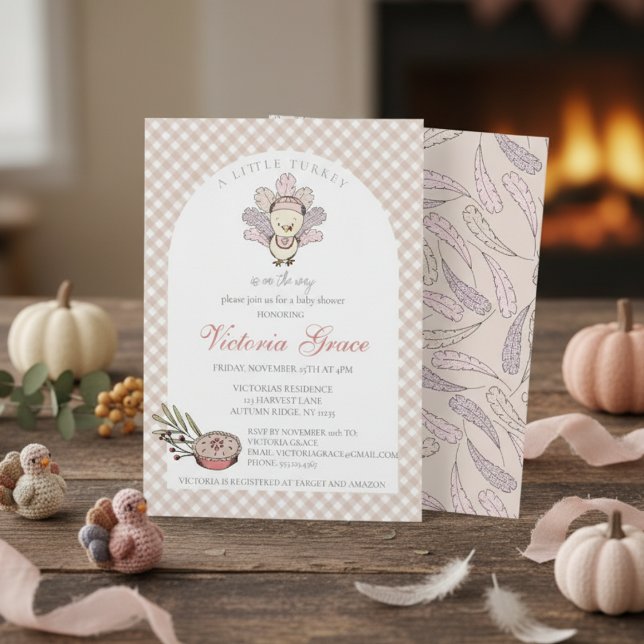 Invitation Petite Turquie Baby shower fille d'automne (Cute Autumn Little Turkey Thanksgiving & November Baby Shower Invitations for Mother to Be for Fall)