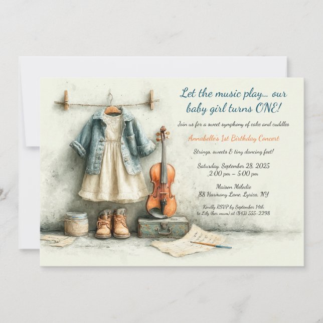 Invitation Petite violoniste - 1ère fille d'anniversaire (Devant)
