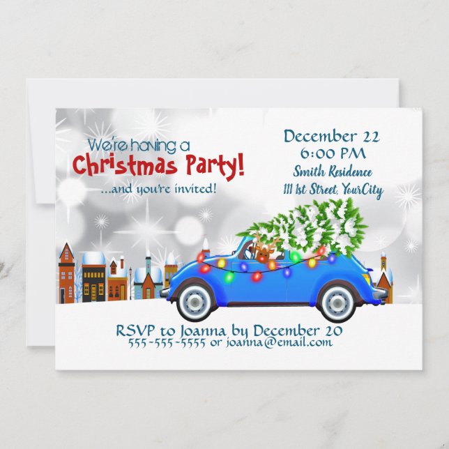 Invitation Petite voiture bleue et arbre Noël personnalisé (Devant)