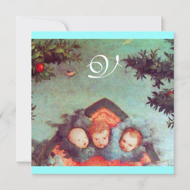 Invitation PETITES ANGELS MONOGRAMME bleu antique clair rouge (Devant)