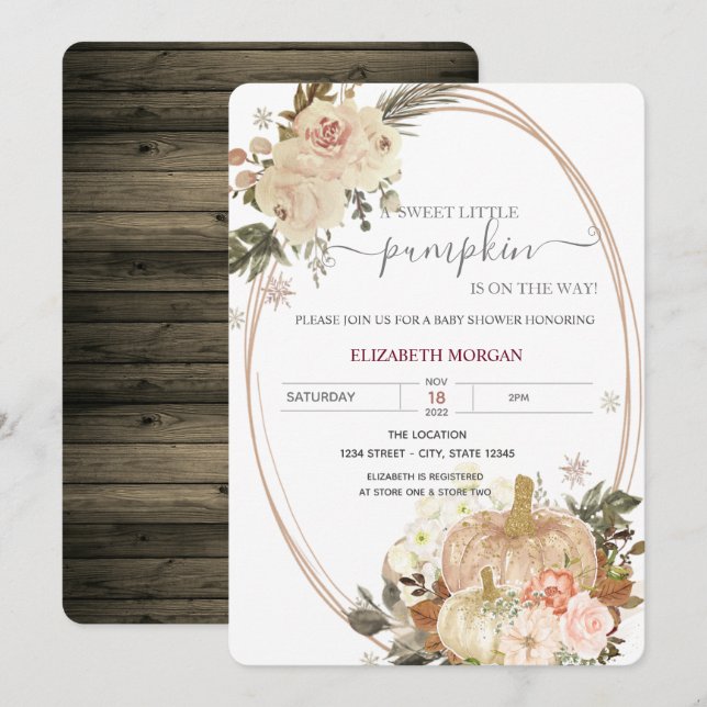 Invitation Petites Citrouilles Fleurs de cadre Baby shower en (Devant / Derrière)