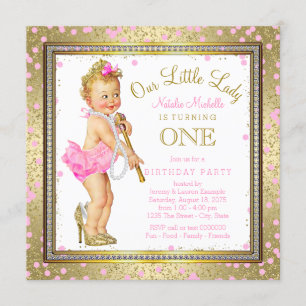 Invitation Petites filles 1ère fête d'anniversaire Pink Gold