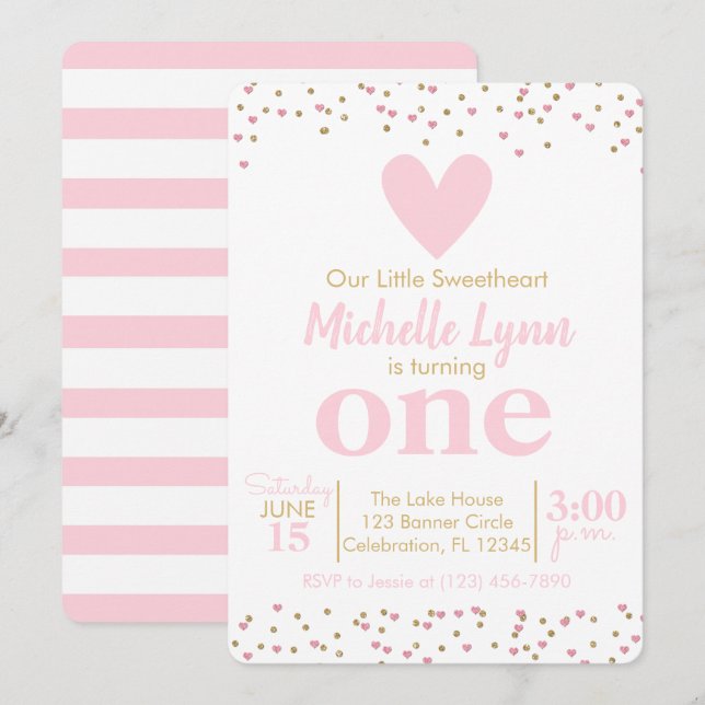 Invitation Petites filles amoureuses rose et or Anniversaire (Devant / Derrière)
