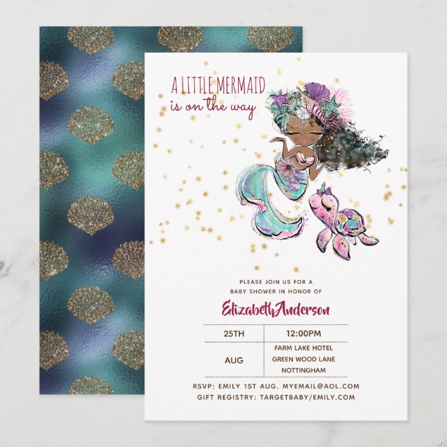 Invitation Petites Filles De Sirène Noire Baby shower Sous La (Devant / Derrière)