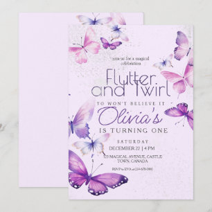 Invitation Petites Filles Papillon pourpre 1ère fête d'annive