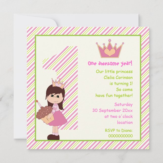 Invitation Petites filles princesses 1er anniversaire rose ve (Devant)