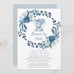 Invitation petites fleurs bleues d'éléphant baby shower par c
