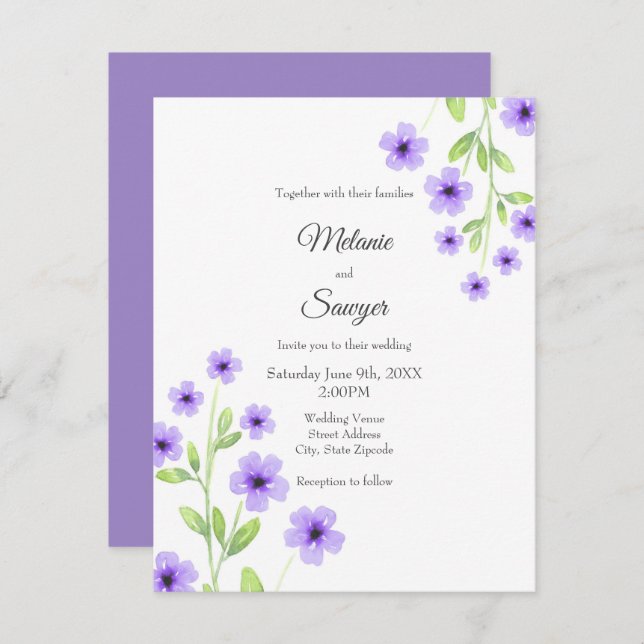 Invitation Petites fleurs d'aquarelle violette (Devant / Derrière)