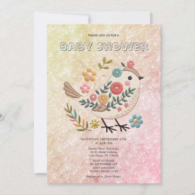 Invitation Petites fleurs Feuilles d'oiseaux Baby shower rose (Devant)