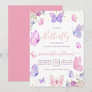 Invitation Petites fleurs papillons Baby shower rose violet