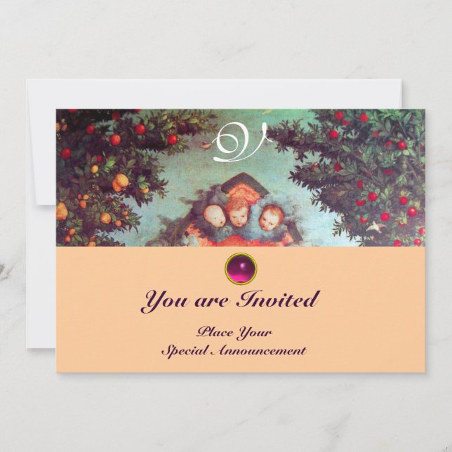 Invitation PETITS ANGES MONOGRAMME bleu antique rose vif (Devant)