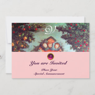 Invitation PETITS ANGES MONOGRAMME bleu antique rose vif