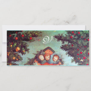 Invitation PETITS ANGES MONOGRAMME bleu antique rose vif