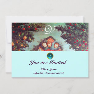 Invitation PETITS ANGES MONOGRAMME bleu antique rouge vif