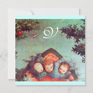 Invitation PETITS ANGES MONOGRAMME bleu antique rouge vif