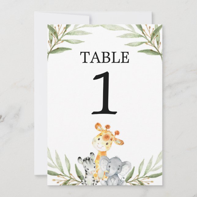 Invitation Petits animaux safari bébé 5"x7" numéros de tablea (Devant)