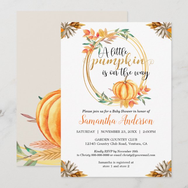 Invitation Petits Baby showers Orange Citrouilles Feuilles au (Devant / Derrière)