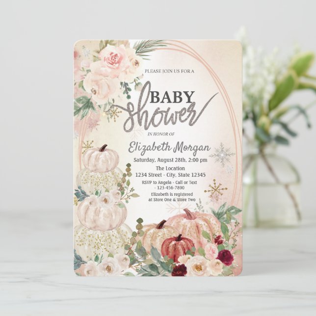 Invitation Petits Citrouilles, Roses, Baby shower de Snowflak (Debout devant)
