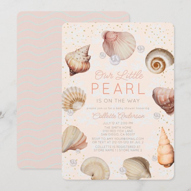 Invitation Petits coquillages de perles Baby shower de fille  (Devant / Derrière)