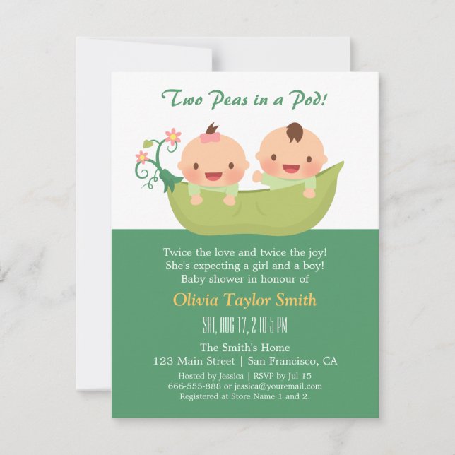 Invitation Petits pois dans un pod Twin Baby Shower Invitatio (Devant)