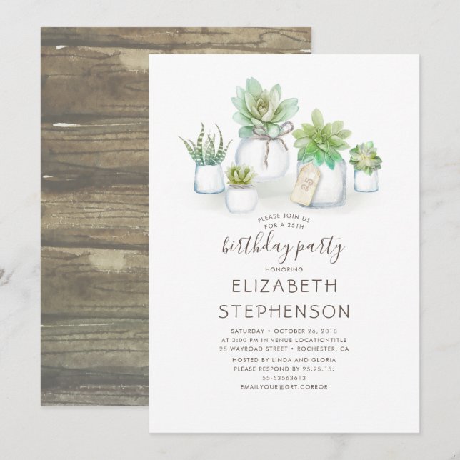 Invitation Petits succulents Mason Jars Anniversaire rustique (Devant / Derrière)