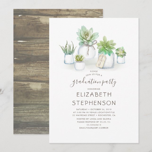 Invitation Petits succulents Mason Jars Graduation rustique (Devant / Derrière)